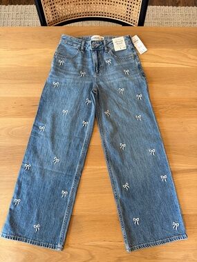 abercrombie kids Blue Wide-Leg Jeans with White Embroidered Bows